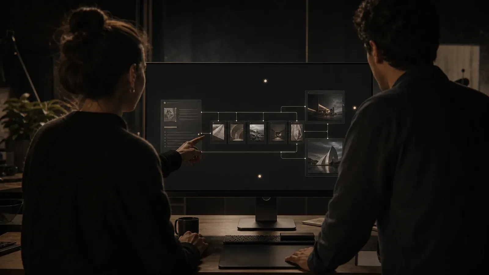 Two colleagues reviewing a shared canvas workspace on a large monitor