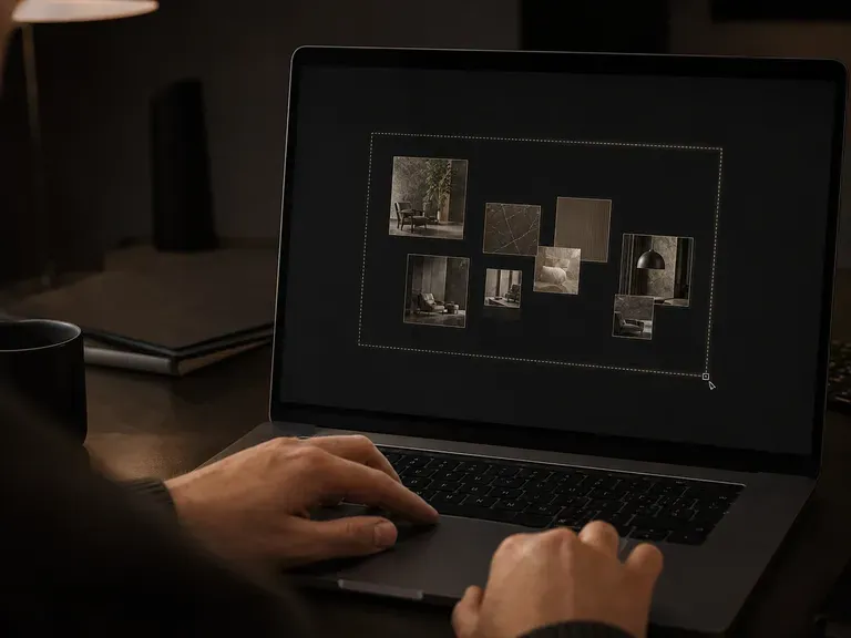 Hands grouping reference thumbnails into a cluster on a canvas