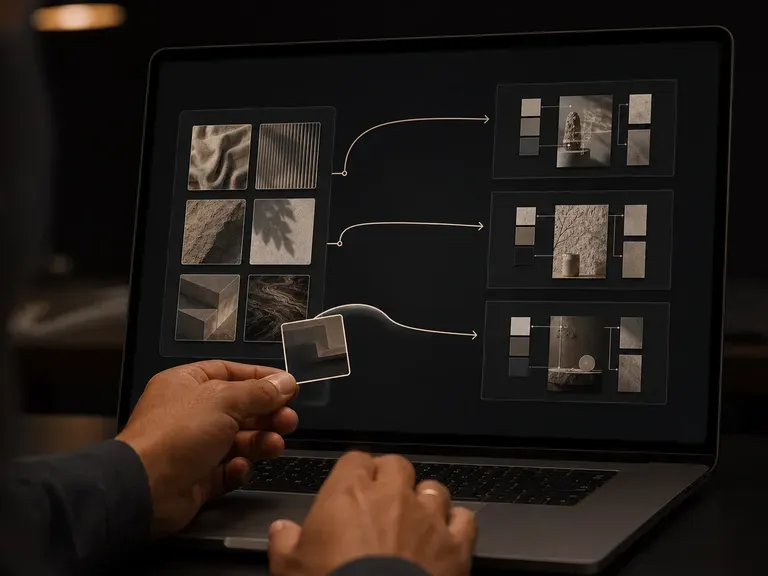 Hands dragging a reference image from a shared asset library onto a canvas