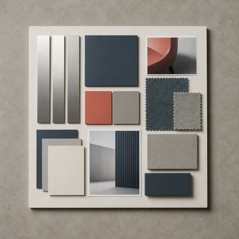 A product design moodboard pairing brushed metal strips with matte plastic colour blocks