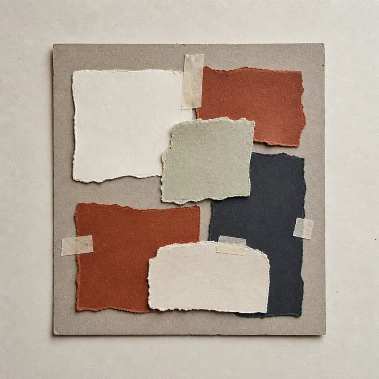 A student project moodboard with a handmade feel and rough-edged paper