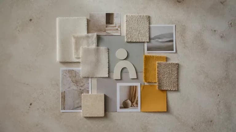 A brand-tone moodboard with ivory, ochre and grey swatches beside a plain logo silhouette