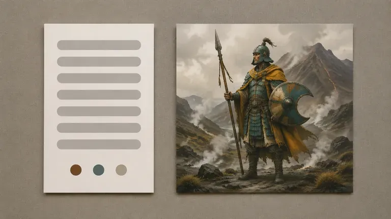 A fantasy warrior character concept illustration beside its prompt card