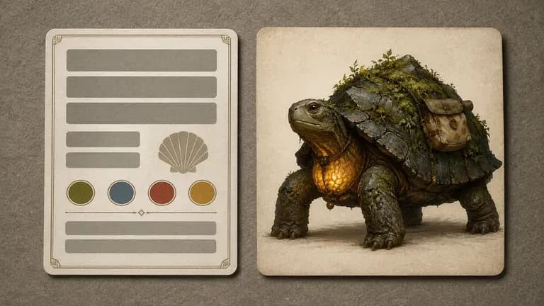 A tabletop NPC character card beside its corresponding illustration