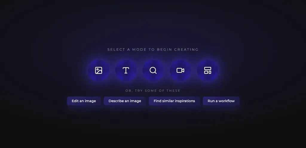 The canvas mode picker offering Edit an image, Describe an image, Find similar inspirations and Run a workflow