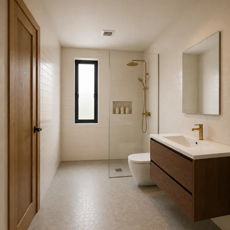 A close-up of a classic, warm bathroom after a redesign