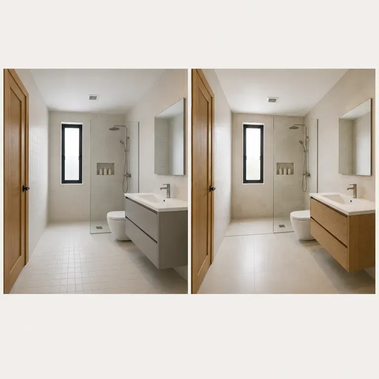 A split-frame before and after comparison of the same bathroom