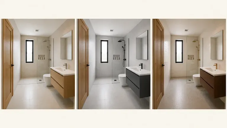 The same bathroom shown in three directions: spa-inspired, modern minimal, classic and warm