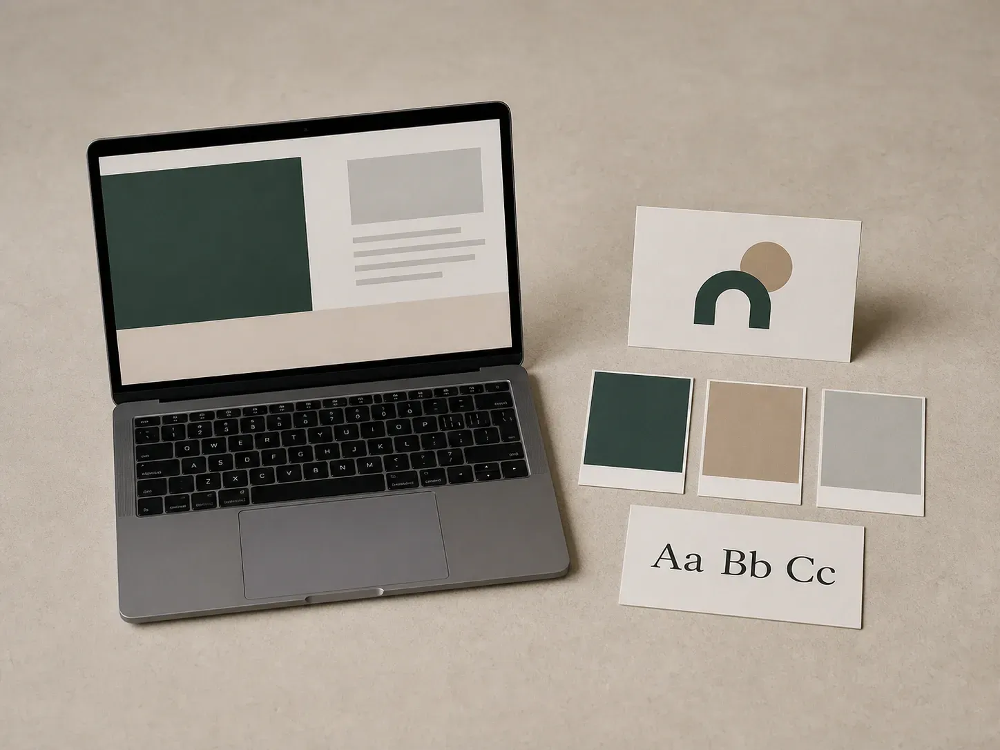 A laptop showing an abstract website layout beside a brand kit card set it produced