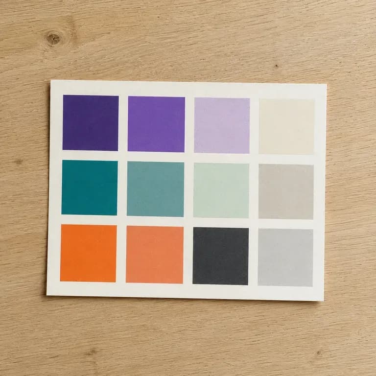 A colour system card with primary and neutral colours arranged in a grid