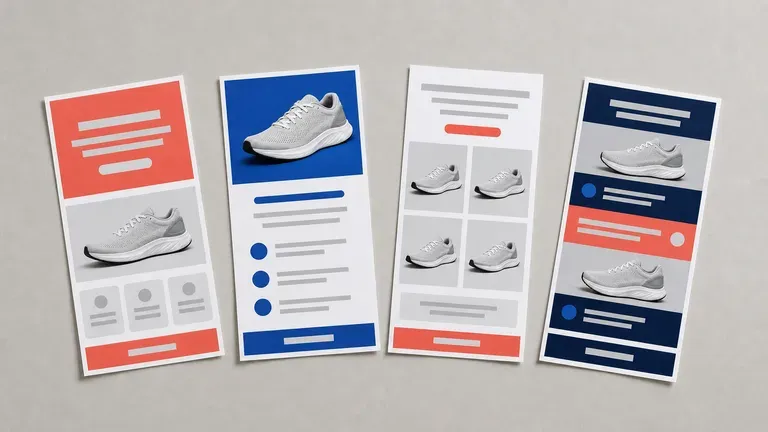 A batch of narrow email layout prints in a warm colour palette on a desk