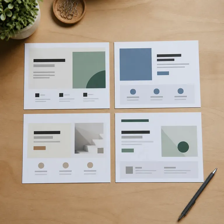 Four small landing page layout thumbnails arranged in a grid for review