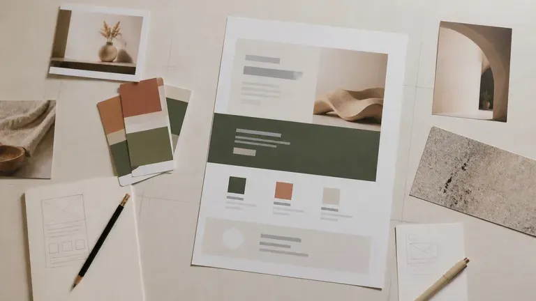 A finished landing page layout surrounded by product photos, brand colour cards and notes on a desk