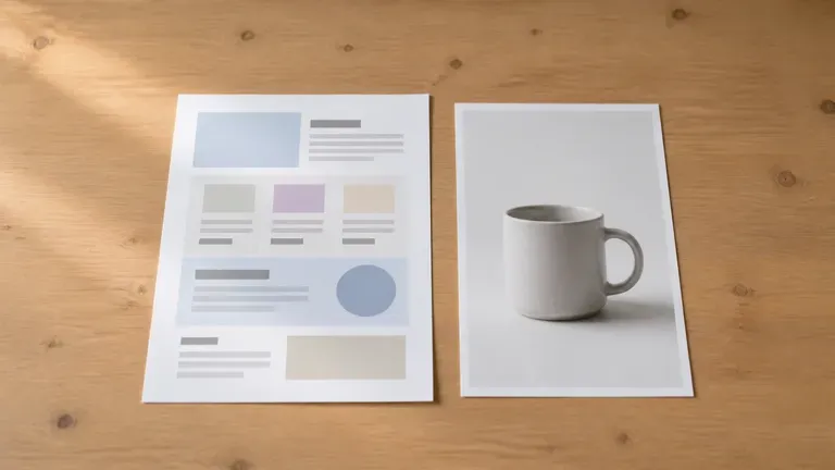 A landing page layout beside a simple natural-light product photo on a small desk