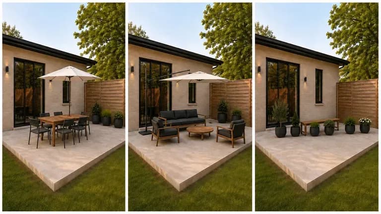 The same patio shown in three uses: dining and entertaining, lounge and relax, green and layered