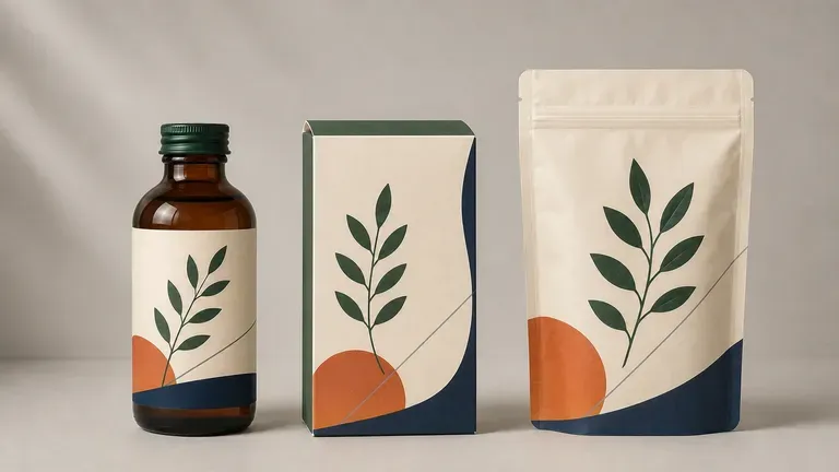 Three packaging formats, a bottle, a carton and a pouch, each with 3D render quality
