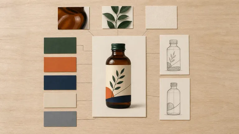 A complete packaging render surrounded by references, colour cards and sketches
