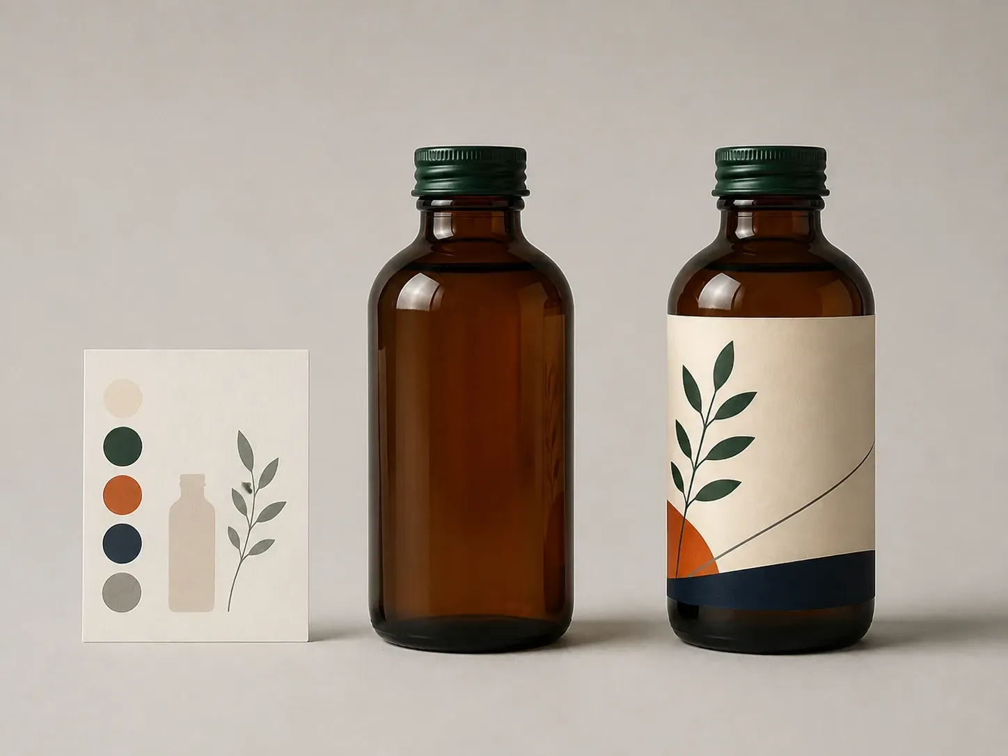A product brief note and a blank bottle beside its 3D rendered packaging preview