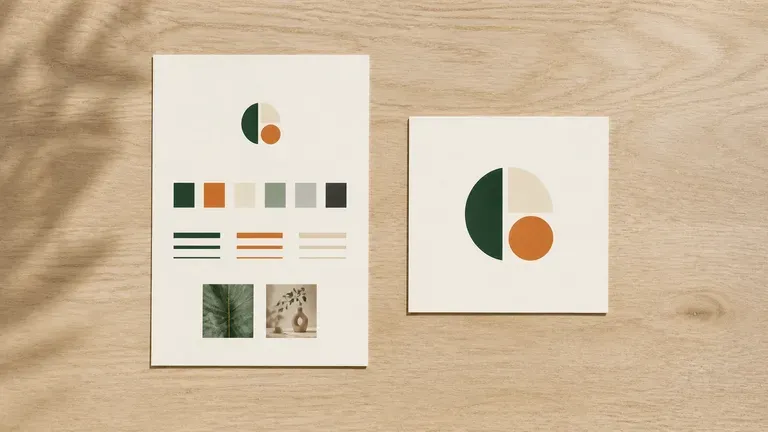 A style guide page beside a logo card on a clean startup office desk
