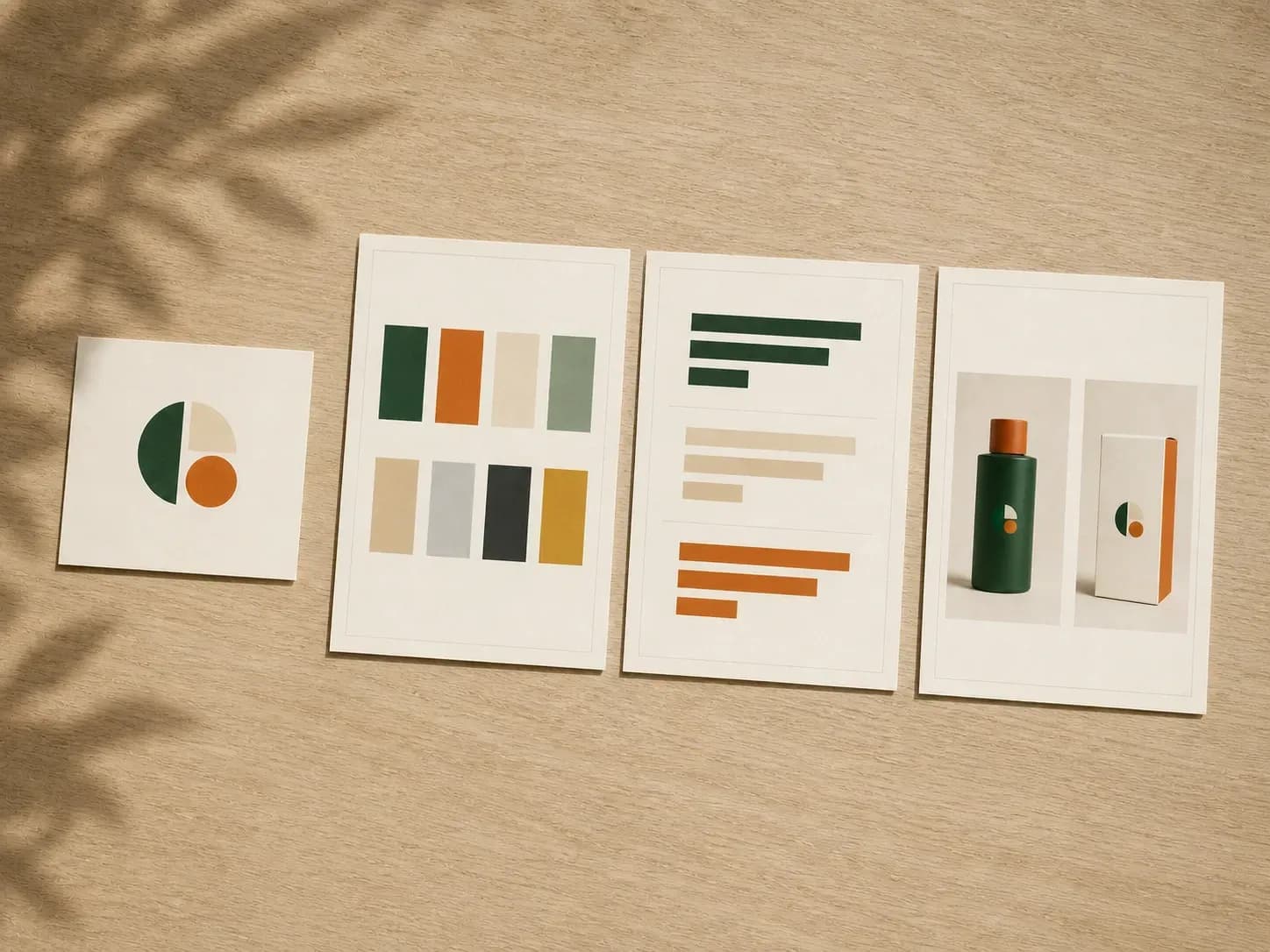 A logo card beside the style guide pages it produced: colour grid, type specimen and application