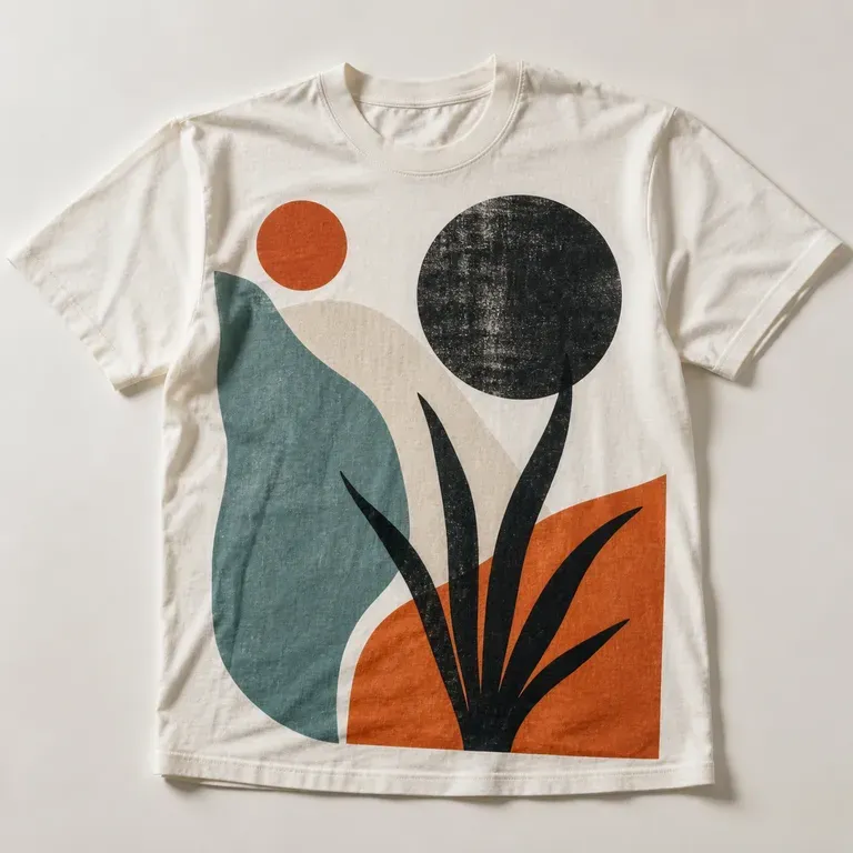 A close-up of a full front graphic print on a T-shirt