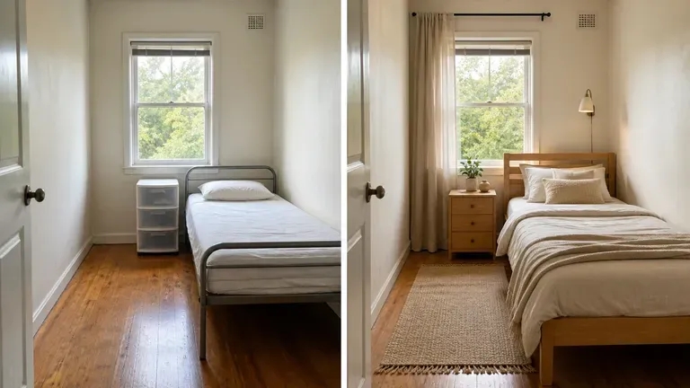 A small bedroom shown before and after, only the furniture and soft furnishings changed