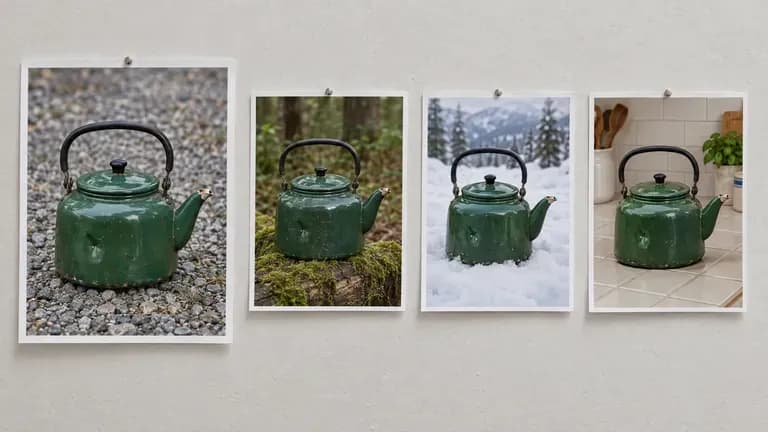 A reference print of an enamel kettle pinned beside three variations of it