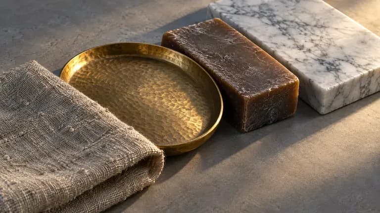 Linen, hammered brass, beeswax and marble under one low directional light