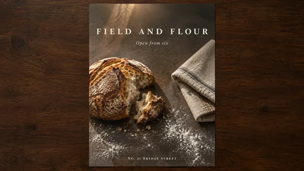 A bakery poster flat-lay carrying three exact lines of typeset copy