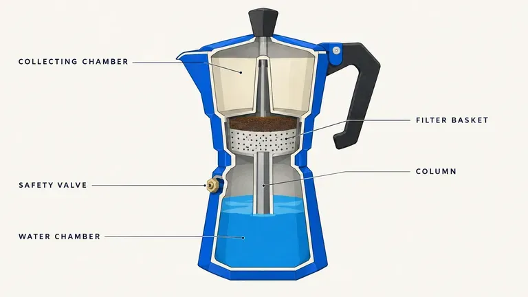 A labelled cross-section diagram of a stovetop moka pot
