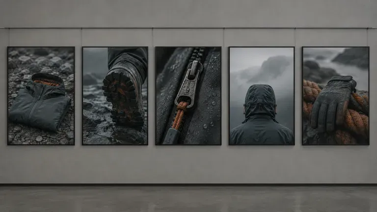 Five outerwear campaign prints sharing one slate and rust art direction