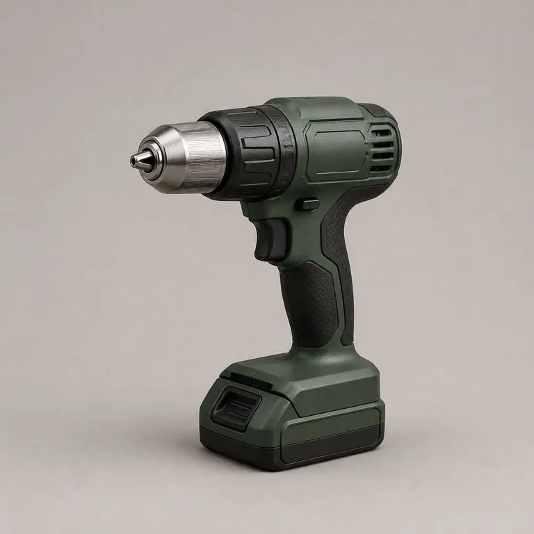 A cordless drill rendered with three distinct materials divided along its own part lines