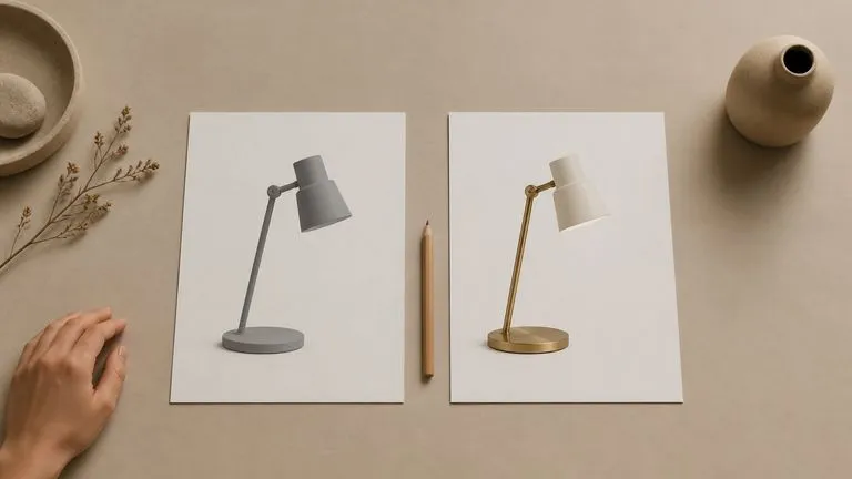 A designer's desk from above with a printed grey model of a desk lamp beside a printed finished render