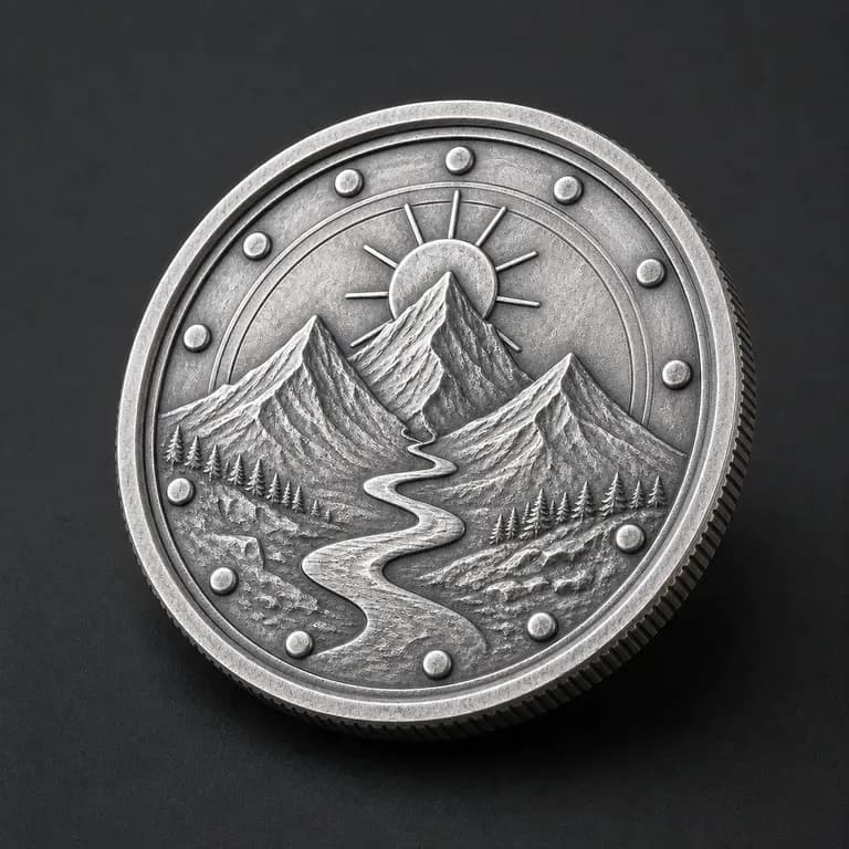 A close-up of a bright silver anniversary coin's front face