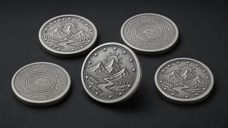 A bright silver anniversary coin with several matching coins scattered nearby