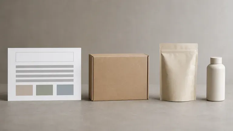 A marketing-themed brief document on a meeting table beside product packaging samples