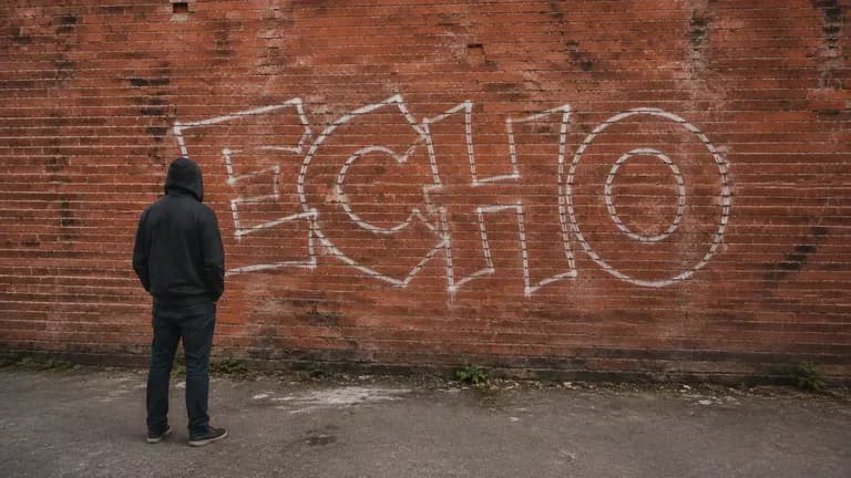 A graffiti artist facing a brick wall with an early sketch, shown from behind or cropped below the shoulders