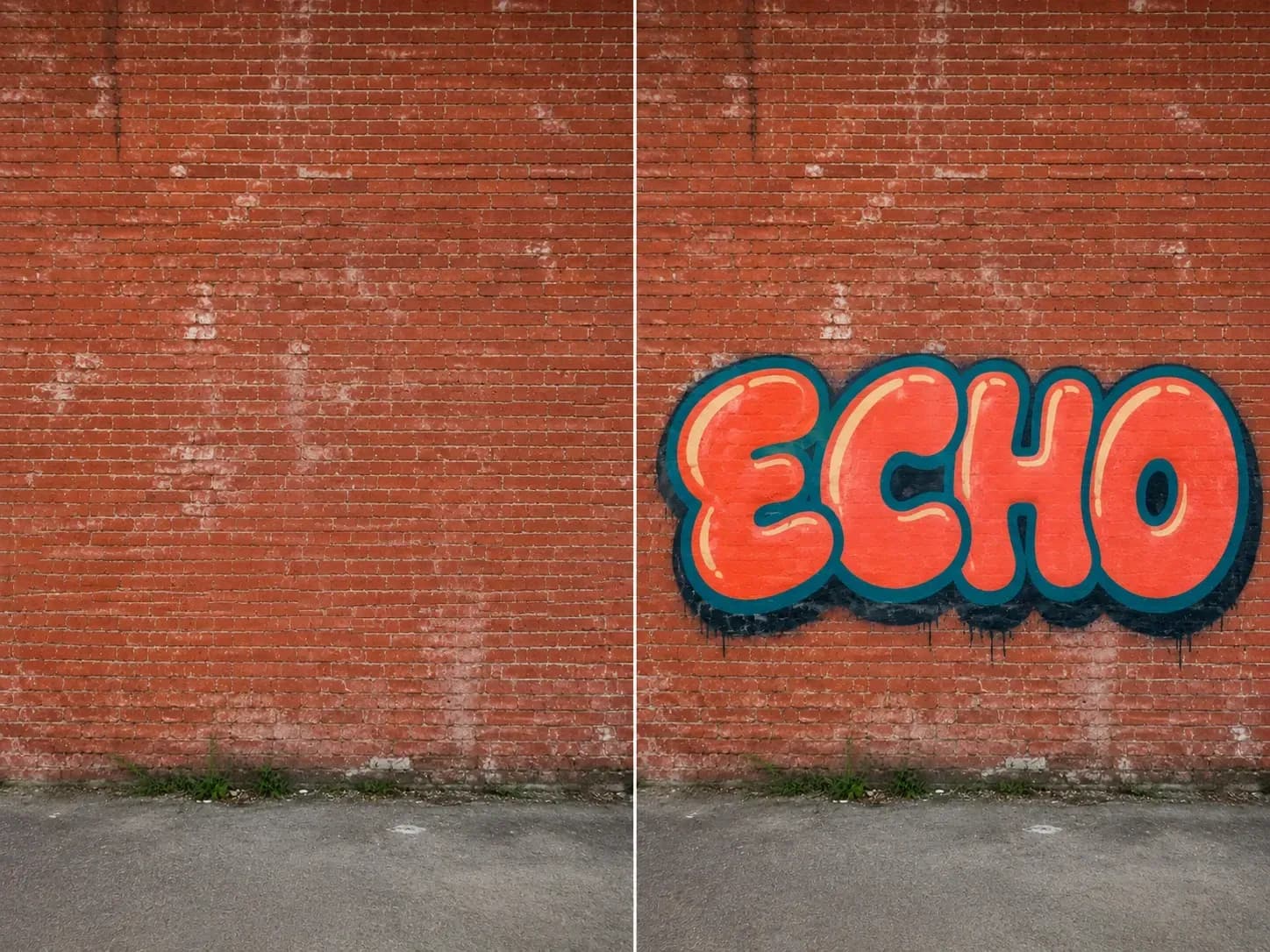 A brick wall reference photo beside the word ECHO painted as bubble-letter graffiti with spray texture