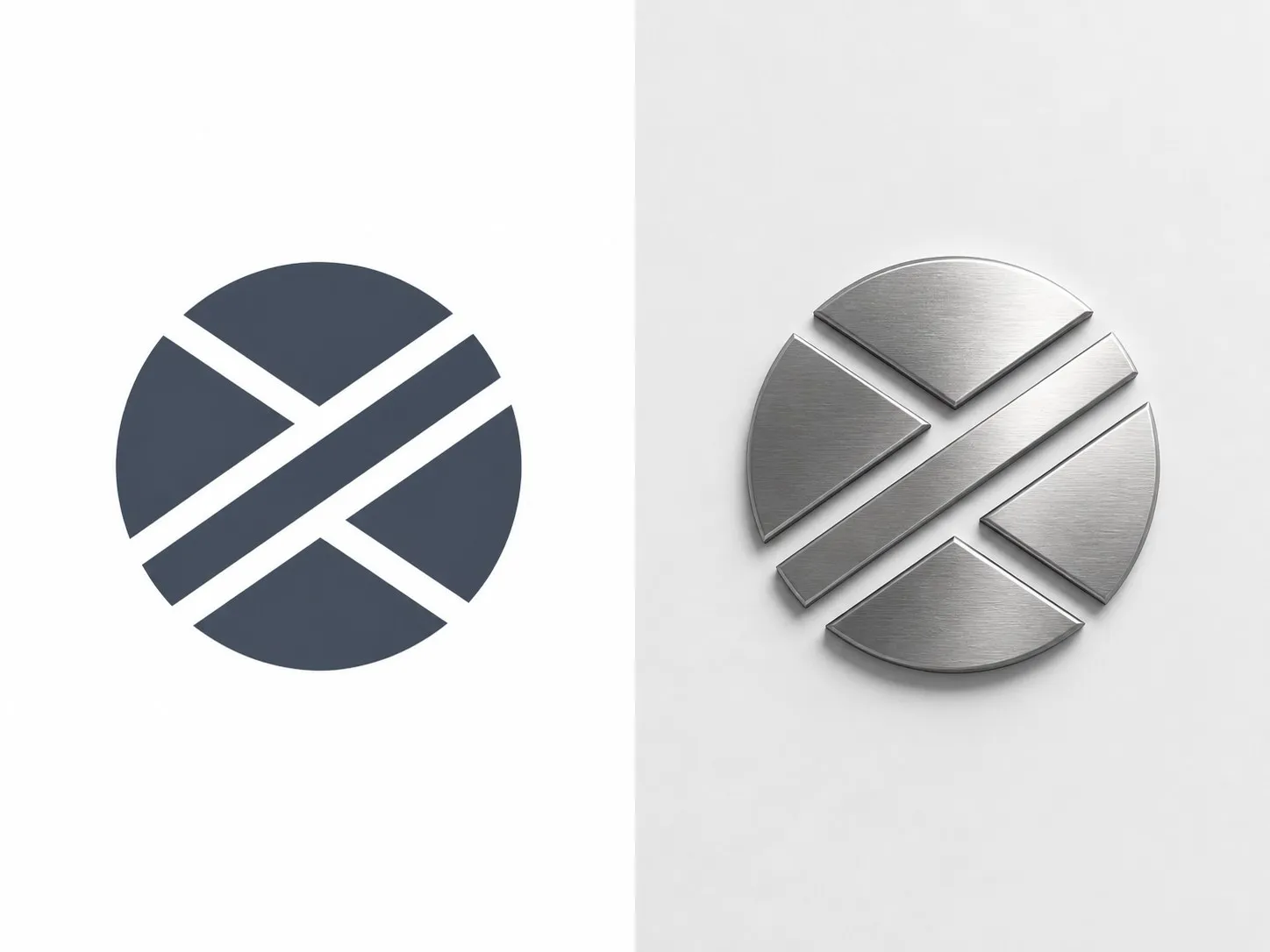 A flat abstract mark on the left and the same mark rendered in brushed metal on the right