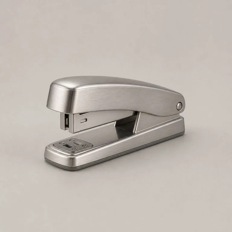 A desk stapler with a plastic body rendered in brushed steel with the original part lines still visible
