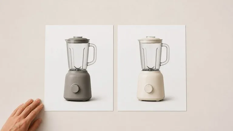 A blender shown in matte and gloss versions side by side on a clean presentation board