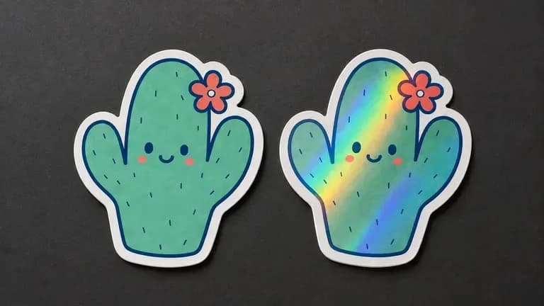 A standard sticker beside a holographic finish version with visibly different shine